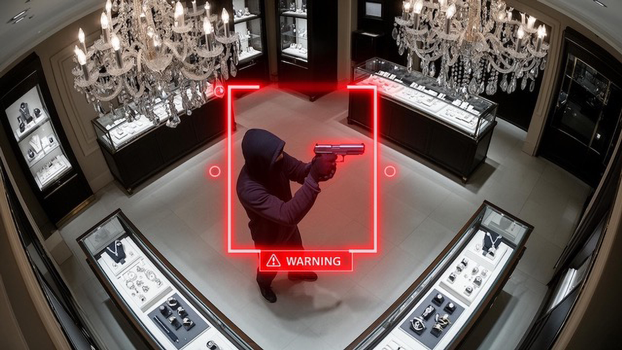 Kamerabild aus einem Juweliergeschäft: Die KI markiert eine erkannte Waffe und löst eine Warnung aus