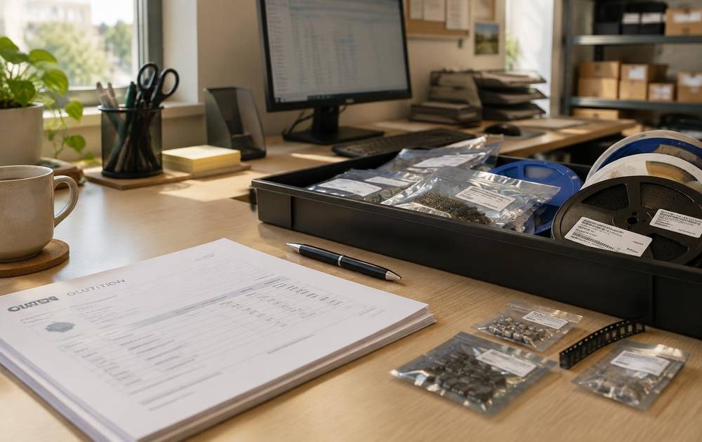 Schreibtisch mit Angebotsunterlagen und elektronischen Bauteilen in Antistatik-Beuteln