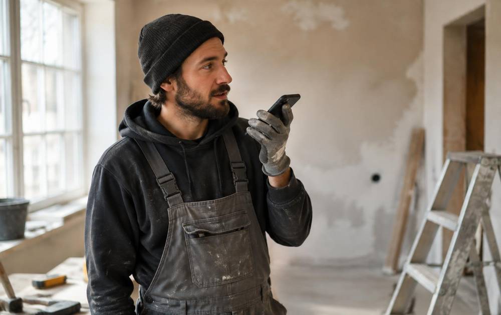 Handwerker auf einer Baustelle mit Smartphone in der Hand