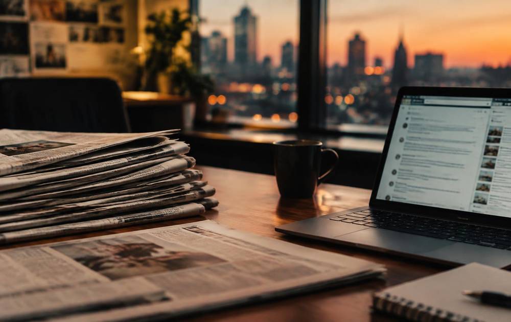 Zeitungsstapel und Laptop mit Kommentarbereich auf einem Redaktionstisch