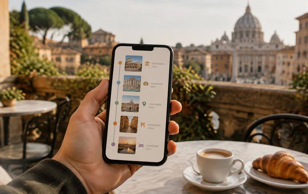 Hand mit Smartphone, das einen Reiseplan zeigt, vor einer Straßencafé-Szene
