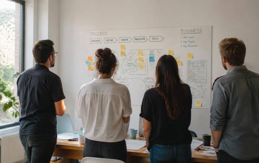 Team analysiert Prozessskizzen an einem Whiteboard