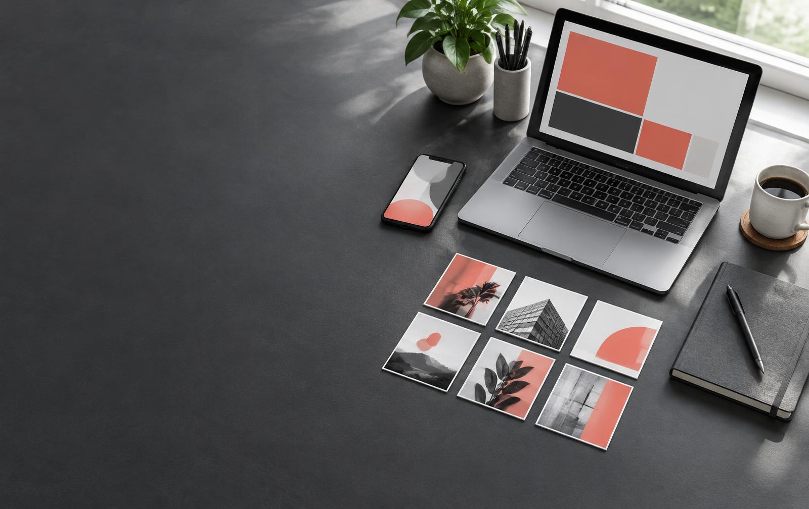 Marketing-Arbeitsplatz mit Laptop, Smartphone und gestalteten Beitragsvorlagen, ohne Personen